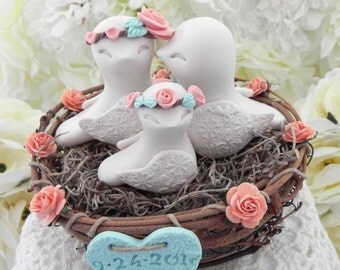 Rustic Family Love Birds, Wedding Cake Topper, Beige, Peach, Mint Green, Love Birds in Nest , Personalized Heart