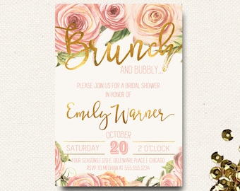 Fall Bridal Shower Invitation Brunch Champagne Bubbly Roses Floral Gold Pink Pressed Flowers