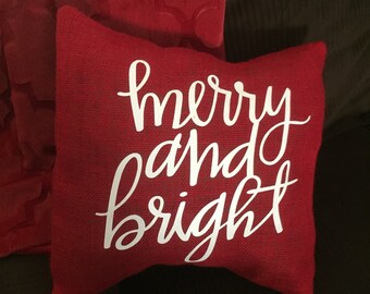 Merry and Bright Burlap Envelope Pillow Cover/ Holiday Pillow Cover/ Christmas Pillow Cover/ Burlap Pillow Cover