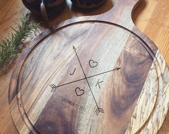 Personalized Cutting Board, Custom Cutting Board, Custom Engraved Paddle Cutting Board, Acacia "Crossing Arrows" Personalized Wedding Gift