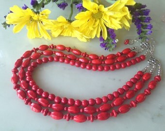 Red necklace, layered, multi strand, chunky, statement, big bold, earrings set, beaded, cascade, gift idea, multistrand, beaded, handmade,