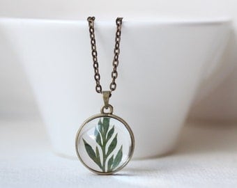 Green Leaf Necklace - Botanical Jewelry - Resin Orb Necklace - pressed leaf