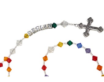 Rainbow Crystal First Communion Rosary For Boys or Girls - for Baptism or Christening, Personalized Name Prayer Beads with Cross for Gift