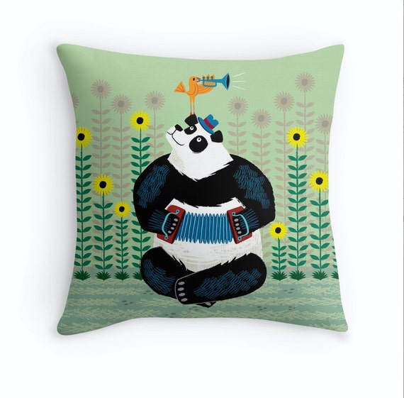 Panda Piazzolla and The Trumpet Bird - Children's Throw Pillow / Cushion Cover - Kids art - Nursery Decor - (16" x 16") by Oliver Lake