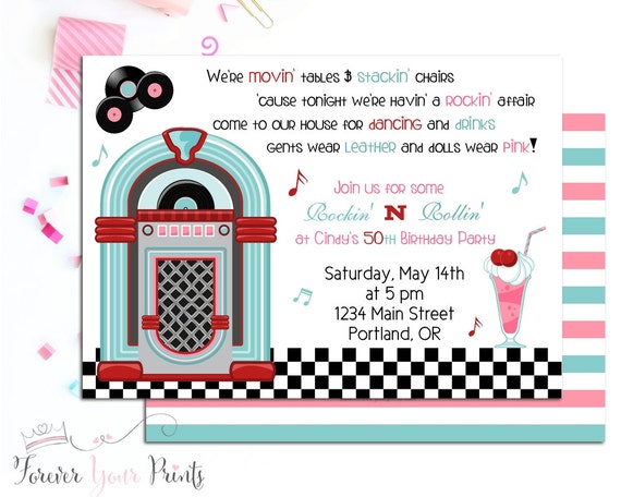 Sock Hop Birthday Invitation, Sock Hop Invitation, Sock Hop Party, 50's Birthday Invitation, Fabulous Fifties, Fifties Party Invitation Il_570xn