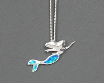Sterling Silver Mermaid Necklace, Imitation Opal Necklace, Nautical Necklace, Beach Necklace, Birthday Gift, Children's Jewelry,Kids Jewelry