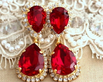 Ruby Chandelier earrings, Red Ruby earrings, Bridal Ruby chandelier dangle earrings, Bridal Ruby earrings, Swarovski Chandelier earrings.