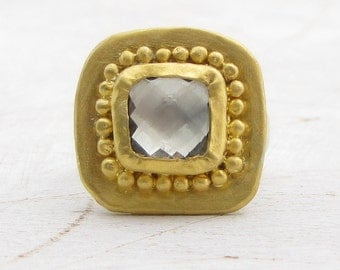 24k Sold Gold & Silver Ring - Green Amethyst Gold Ring - Gemstone Gold Rind - Statement Ring