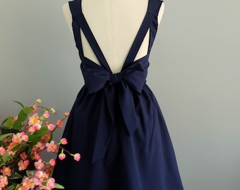 Navy dress navy party dress navy prom dress backless dress navy bridesmaid dress navy cocktail dress bow back dress