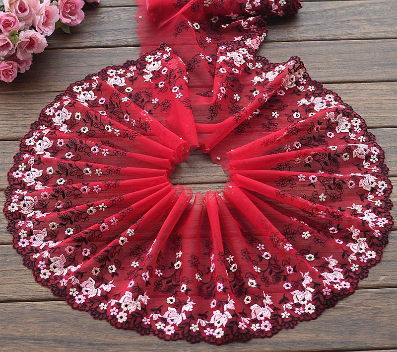 2 Yards Lace Trim Red Rose Flower Embroidered Tulle Lace 7.87