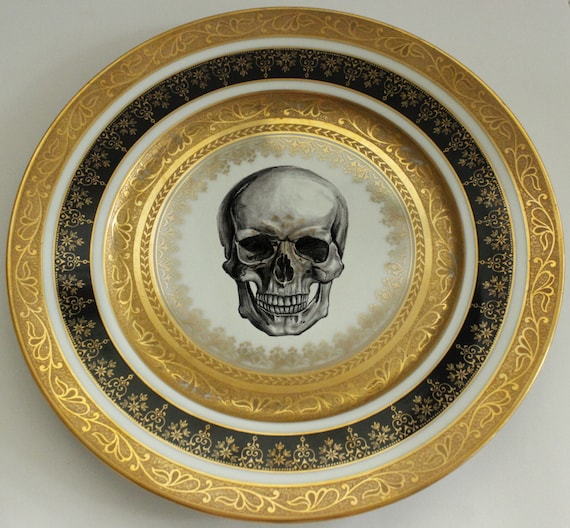 Black and Gold Vintage Skull Dinner Plate by AngiolettiDesigns