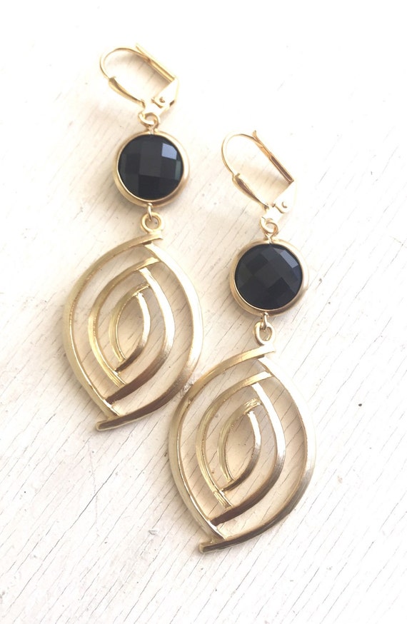 Black and Gold Dangle Earrings. Black Earrings. Jewelry. Drop