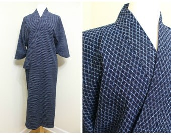 Vintage Japanese Kimono. Indigo Ikat Cotton. Traditional Peasant Folk Wear. (Ref: 1352)