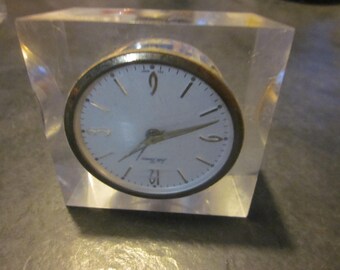 lucite clock, seth thomas, german clock, lucite mid century alarm clock