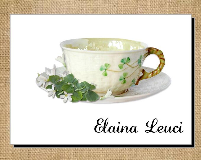 Irish Shamrock Four Leaf Clovers Teacup Cup Tea Note Cards - Invitations - Thank You Cards for Bridal Shower or Luncheon ~ Bridal Gift