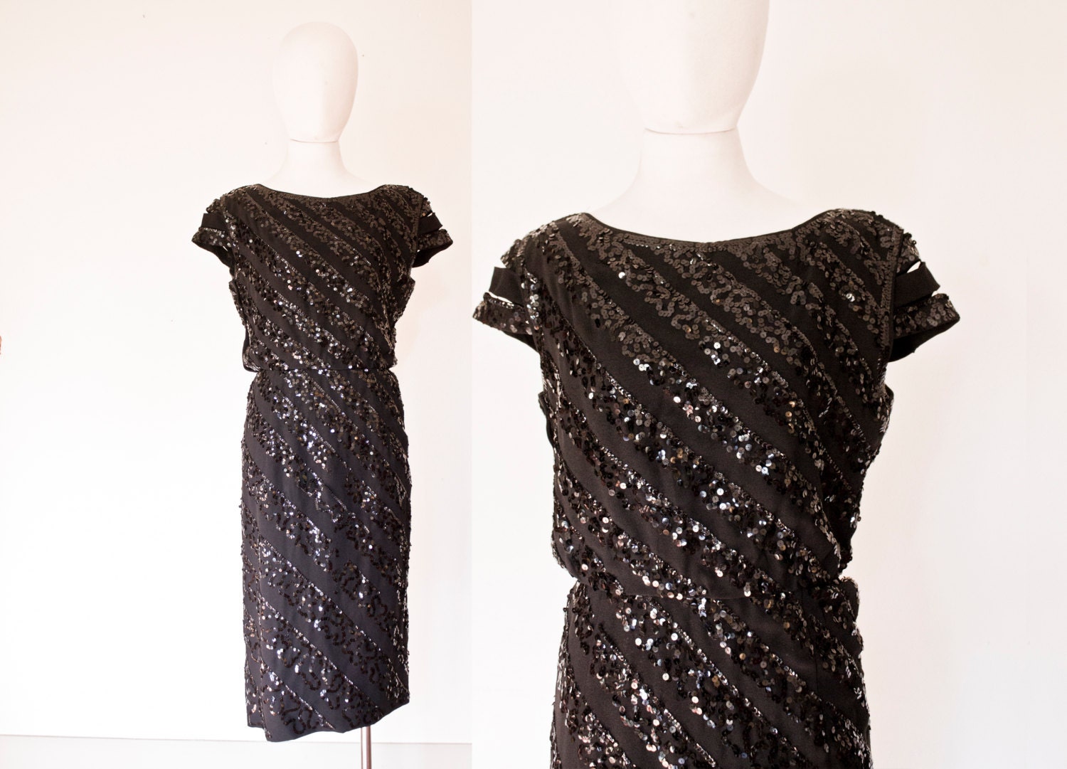Vintage 1950s Dress I.MAGNIN Black Sequin by dejavintageboutique