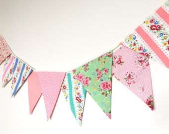 Shabby Chic Fabric Banners, Bunting, Garland, Wedding Bunting, Pennants, Flags, Pink, Blue, Green and Peach- 3 yards