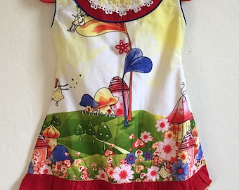 Darling Never Worn Colorful Handmade Little Baby Girls Dress ~ Mushrooms, Flowers, Little Girls. Heart Flowers And Village Scene