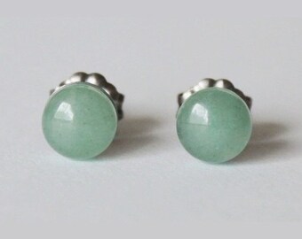 6mm Green Aventurine Studs, hypoallergenic Titanium earring, Cabochon Gemstone post studs, for sensitive ears, Green earrings, Green studs