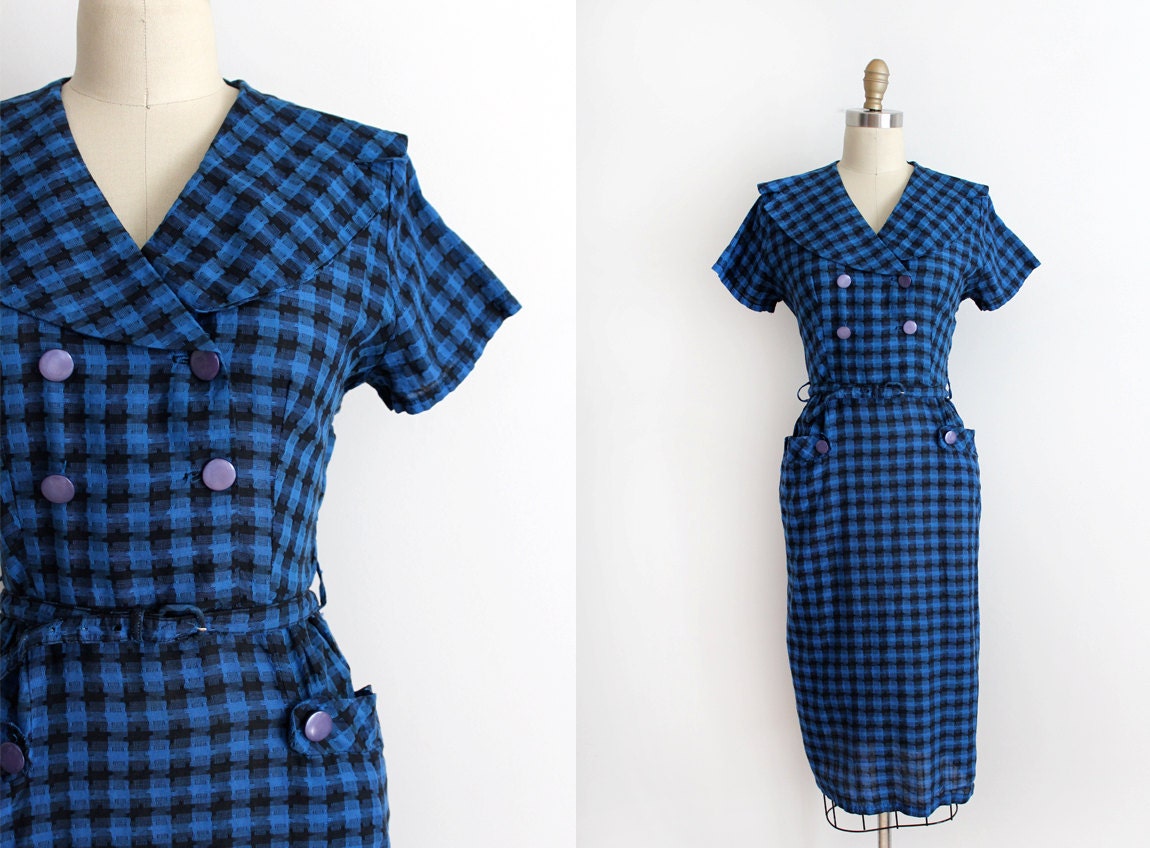 CLEARANCE vintage 1950s dress // 50s houndstooth sailor collar