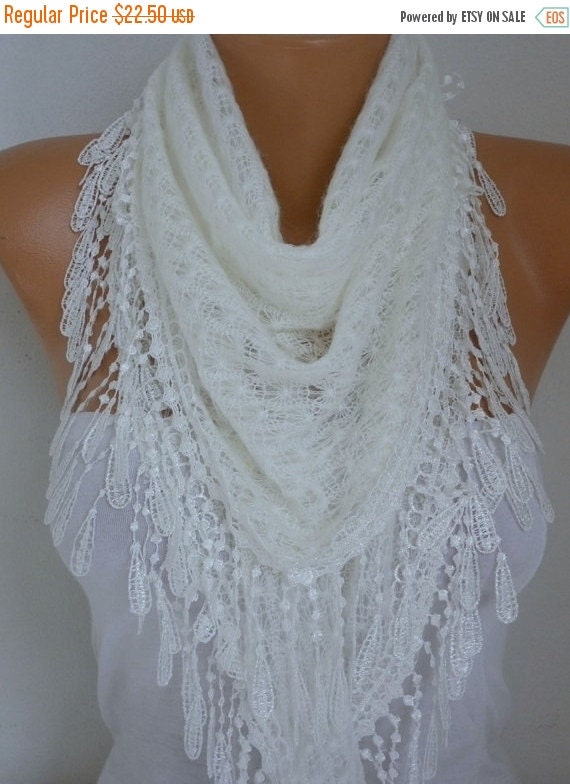 White Knitted Scarf Lace Shawl Scarf Bridal by fatwoman on Etsy