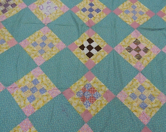 Quilt top: Nine patch within a nine patch 1940's quilt top cotton fabrics, hand and machine sewn 66" x 80"