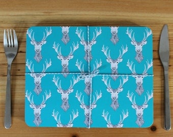 Stag Placemat Set - place mats - table mats - animal placemats - cork placemat- placemat set - blue placemats - deer placemats - stag