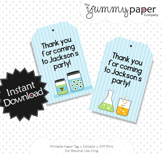 Editable Science Party Favor Tags Instant Download PDF