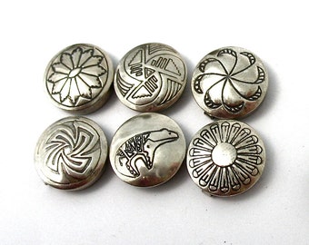 Vintage Sterling Silver Button Covers, set of six, Southwestern, Native American, Navajo designs, Bear, Flower, Shiny, Gift Idea, Excellent