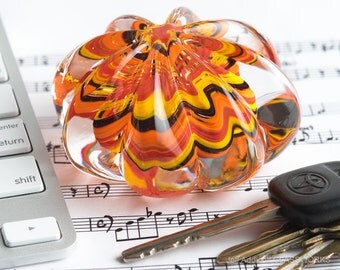 Artisan Made Glass Paperweight - Ribbed Clear Crystal with Hot Color Swirl Core