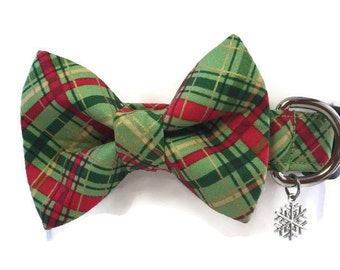 Festive Plaid Christmas Bow Tie Dog Collar All Sizes