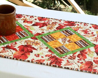 Fall Table Runner, Quilted Autumn Table Topper, Orange Red Table Runner, Autumn Leaves, Table Quilt, Quiltsy Handmade