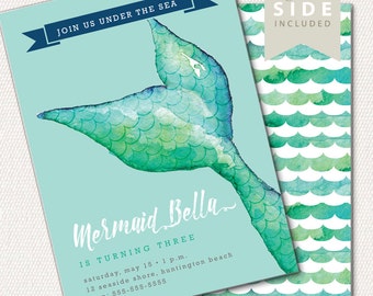 Mermaid Invitation Birthday, Mermaid Pool Party Invite, Under the Sea, Mermaid Tail, 1st Birthday Invite, Girl Birthday Invitation