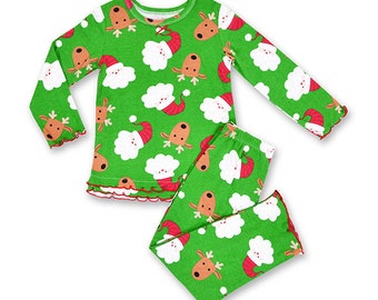 Sale -Monogrammed Infant Girls Christmas Pajama Set/Personalized Ruffle Christmas Pajama/Santa & Reindeer Pajama Set/Sara's Prints Pajama
