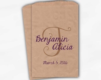 Monogram Personalized Candy Buffet Bags Purple and Beige - Initial and Names Custom Wedding Favor Bags - Paper Treat Bags (0160)
