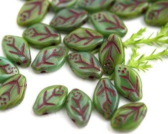 12x7mm Picasso Green Leaf beads, Czech glass pressed leaves, top drilled - 25Pc - 1291