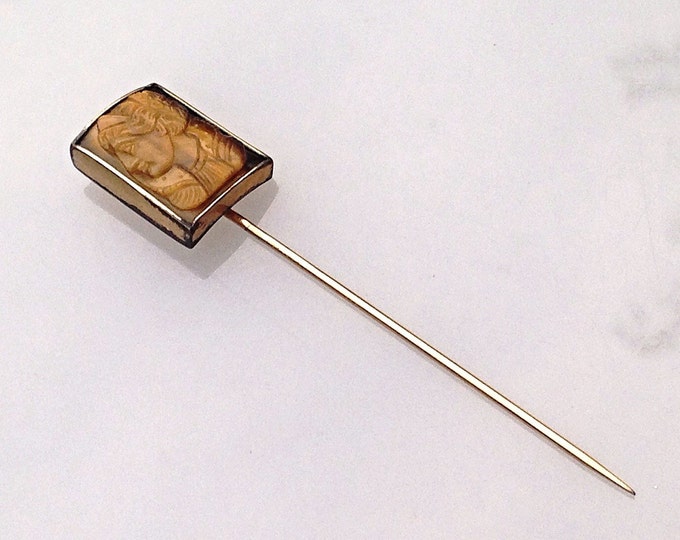 Antique Carved Roman Pin, Carved Tigereye Pin, Carved Stick Pin, Cameo Pin, Victorian Pin, Carved Stone. Cameo Hat Pin. Greek Pin