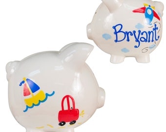 Hand Painted Personalized Airplane Piggy Bank for boys Airplanes Transportation Planes Car Travel Nursery Baby Shower Gift Banks PIGG-whi-28