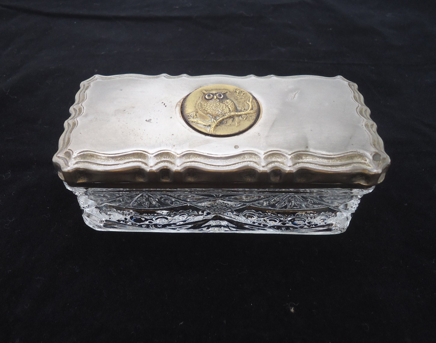 Vintage Cut Glass Trinket Box with Metal Lid Rectangular