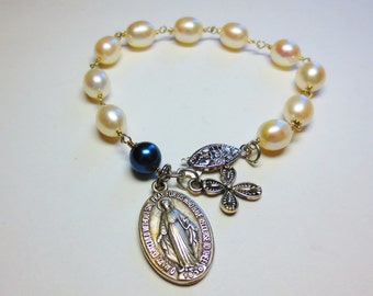 Freshwater Pearls and Blue Glass Pearl Rosary Bracelet for Brides