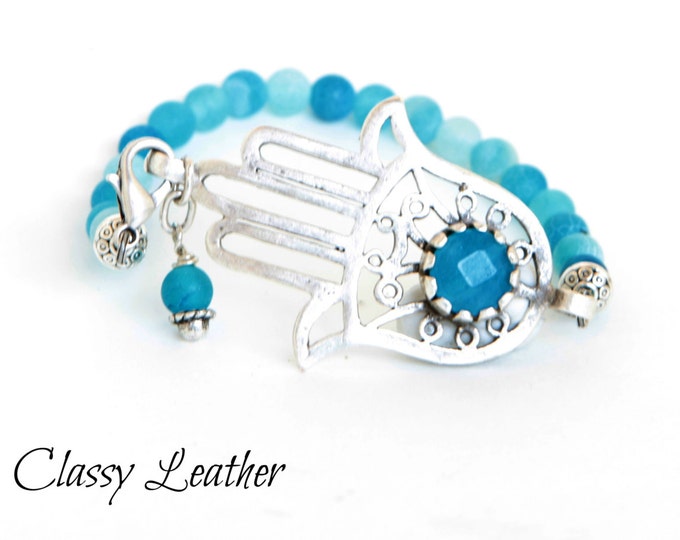 Boho bracelet, Bohemian Jewelry,Hand of Fatima bracelet, Aqua Blue Jade Stone, Zamak bracelet,Beaded bracelet, Light Blue Frosted Agate