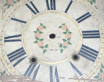 Antique 1800's Clock Face Hand Painted on Wood, Pink Roses, Grandfather Clock
