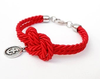 Red Rope Knot Bracelet with Silver Anchor Charm, Nautical Bracelet, Silk Rope Bracelet, 12 Colors available