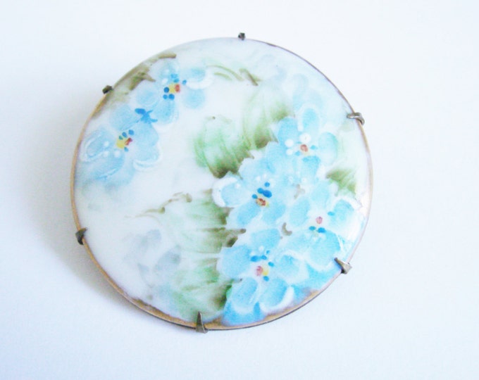 Victorian Blue Hand Painted Floral Porcelain Brooch / Vintage Jewelry / Jewellery