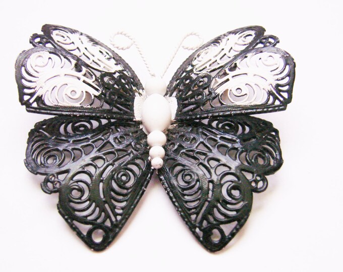 Large Monet Black & White Butterfly Brooch / Filigree / Enamel / Designer Signed / Vintage Jewelry / Jewellery