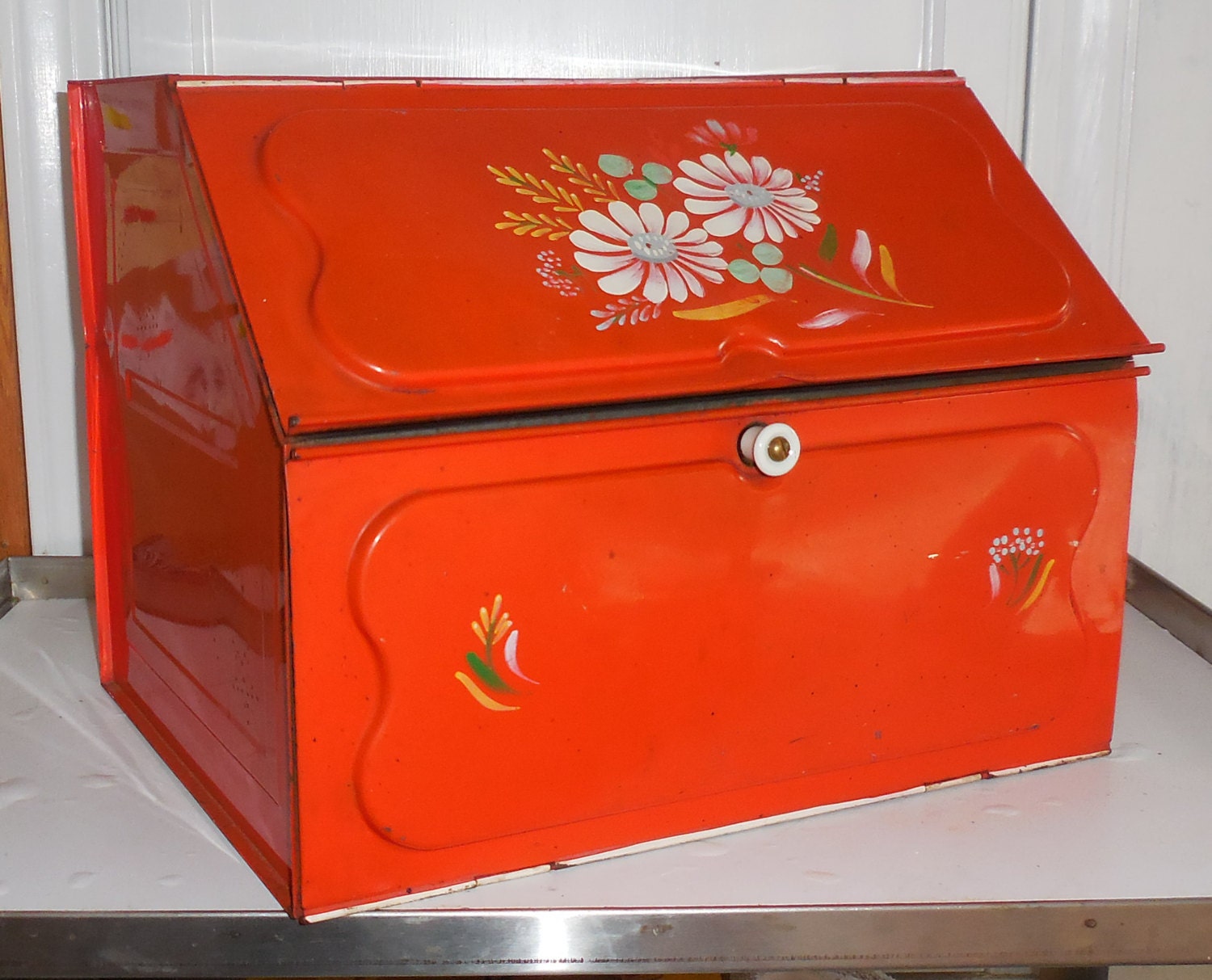 Red Metal Bread Box 2 Compartment Floral Decoration Sun & Moon