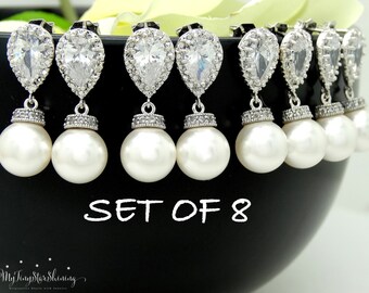 Set of 8 Pearl Earrings Bridesmaid Gift Wedding Jewelry Pearl Bridal Earrings Swarovski Crystal Pearl Earrings Wedding gift 15% discount