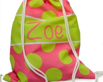 Personalized Hot Pink and Lime Polka Dot Drawstring Bag