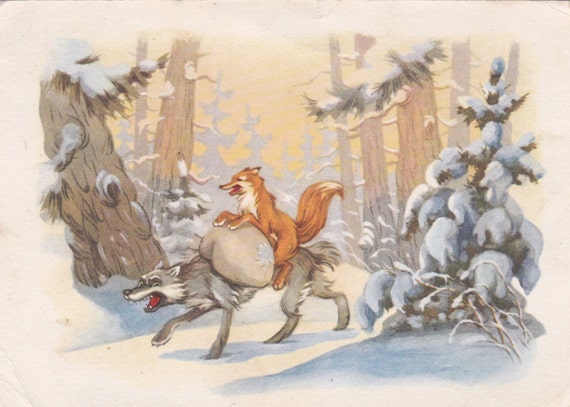 Fox and Wolf Russian folk tale illustration by Znamensky