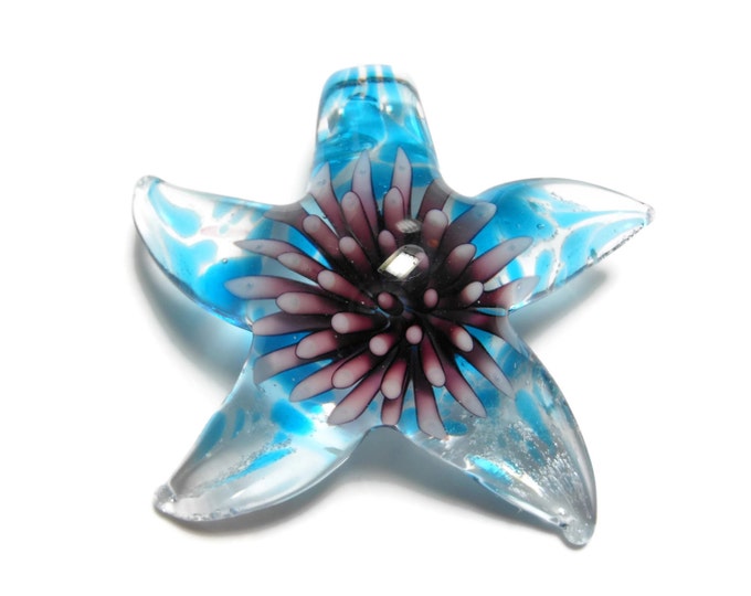 Large lampworked pendant, blue purple pink, 50x45mm single-sided starfish. Sold individually.